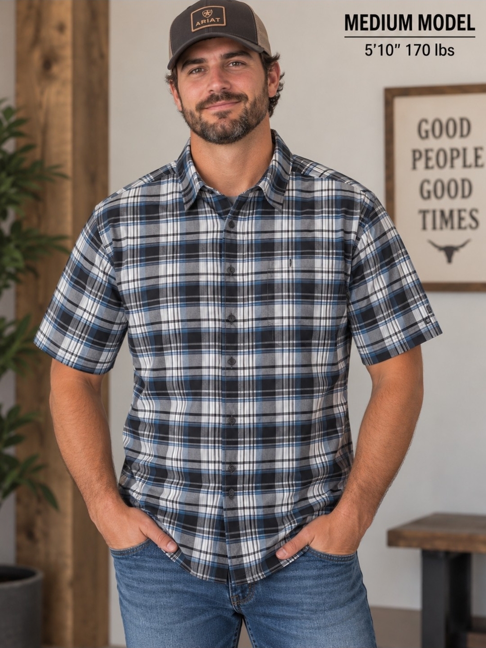 Kuhl Men's Short-Sleeve Plaid Button-Down Shirt in Black, Blue and White
